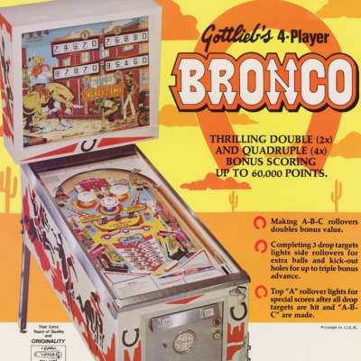 gottlieb, bronco, pinball, sales, price, date, city, condition, auction, ebay, private sale, retail sale, pinball machine, pinball price